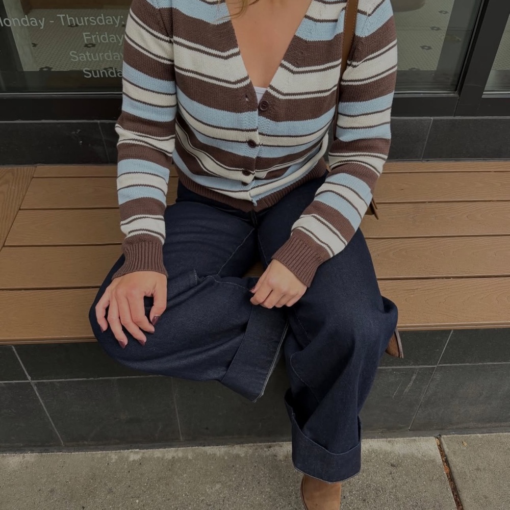 BEGINNING BOUTIQUE ✨- Misha Brown and Blue Stripe Button Down Cardigan - Picture 2 of 7